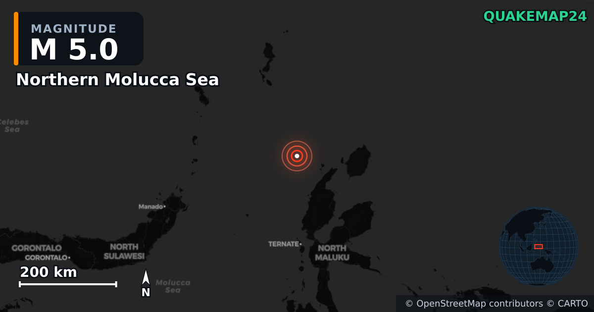 Erdbeben M5,0 bei Northern Molucca Sea — Karte der Lage des Epizentrums