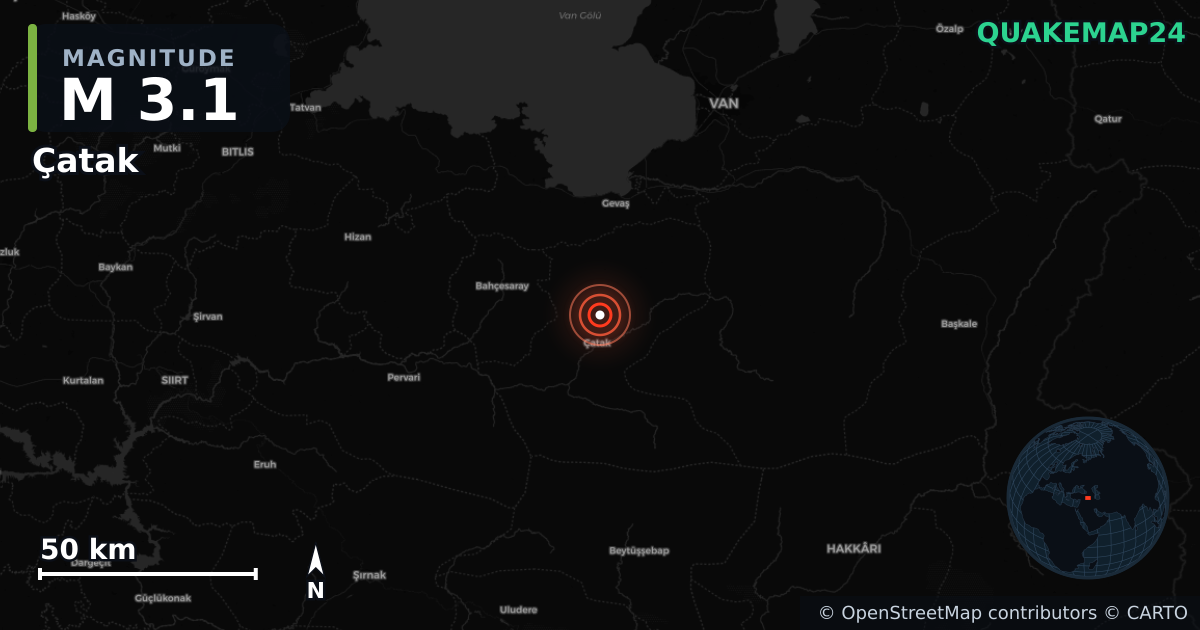 M3.1 earthquake near Çatak on Jul 1, 2026 — map of epicenter and shaking intensity | QuakeMap24