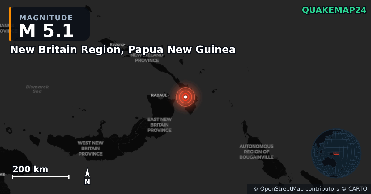 Erdbeben M5,1 bei New Britain Region, Papua New Guinea — Karte der Lage des Epizentrums