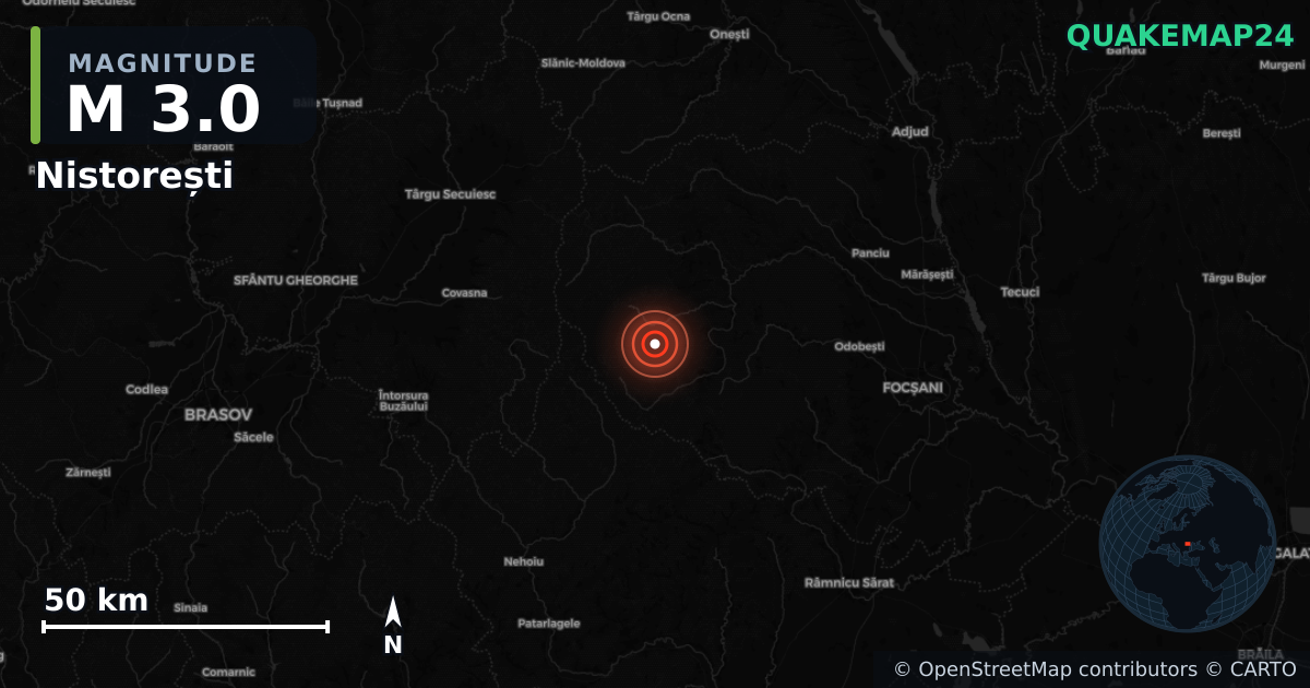 M3.0 earthquake near Nistorești on Apr 8, 2026 — map of epicenter and shaking intensity | QuakeMap24