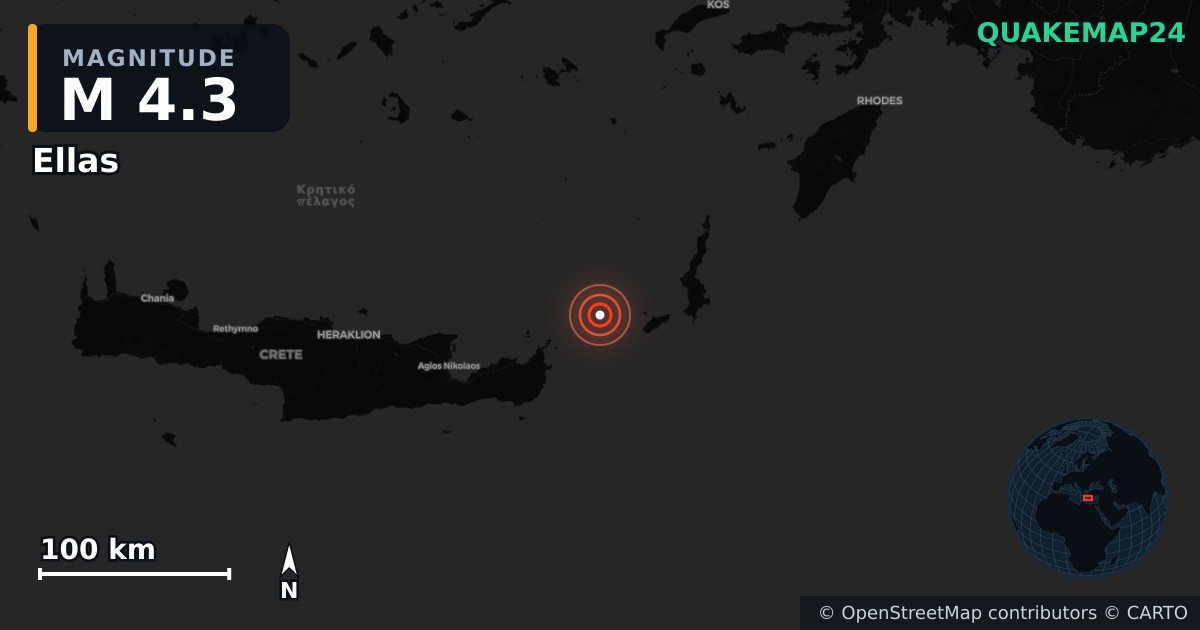 M4.3 earthquake near Ellas on May 23, 2026 — map of epicenter and shaking intensity | QuakeMap24