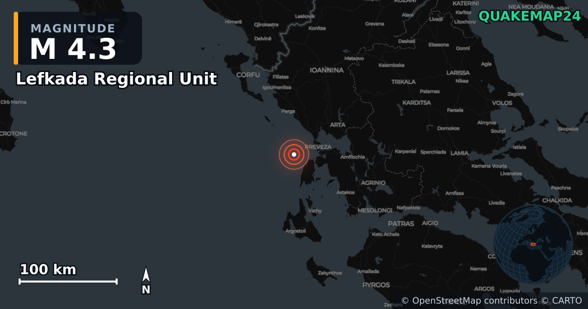 Σεισμός M4,3 κοντά στο Lefkada Regional Unit, Ioanian Islands (Ελλάδα) · 2026-10-16 — Χάρτης της θέσης του επικέντρου