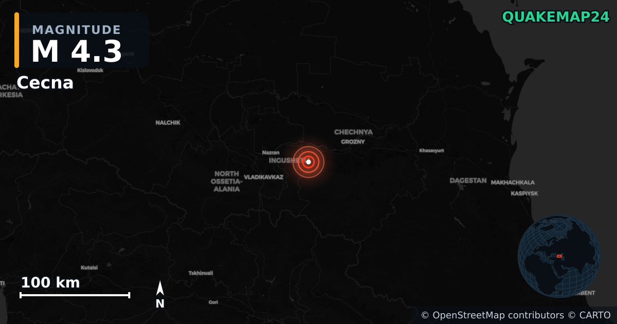 M4.3 earthquake near Cecna on Jul 20, 2025 — map of epicenter and shaking intensity | QuakeMap24