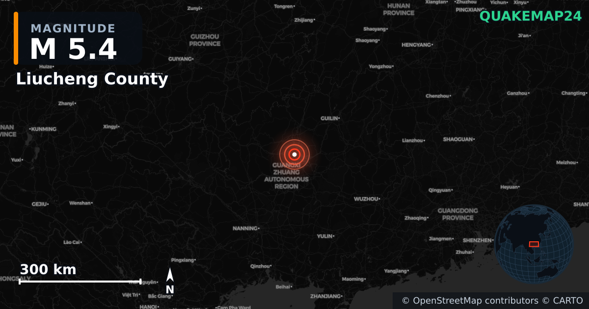 M5.4 earthquake near Liucheng County on May 18, 2026 — map of epicenter and shaking intensity | QuakeMap24