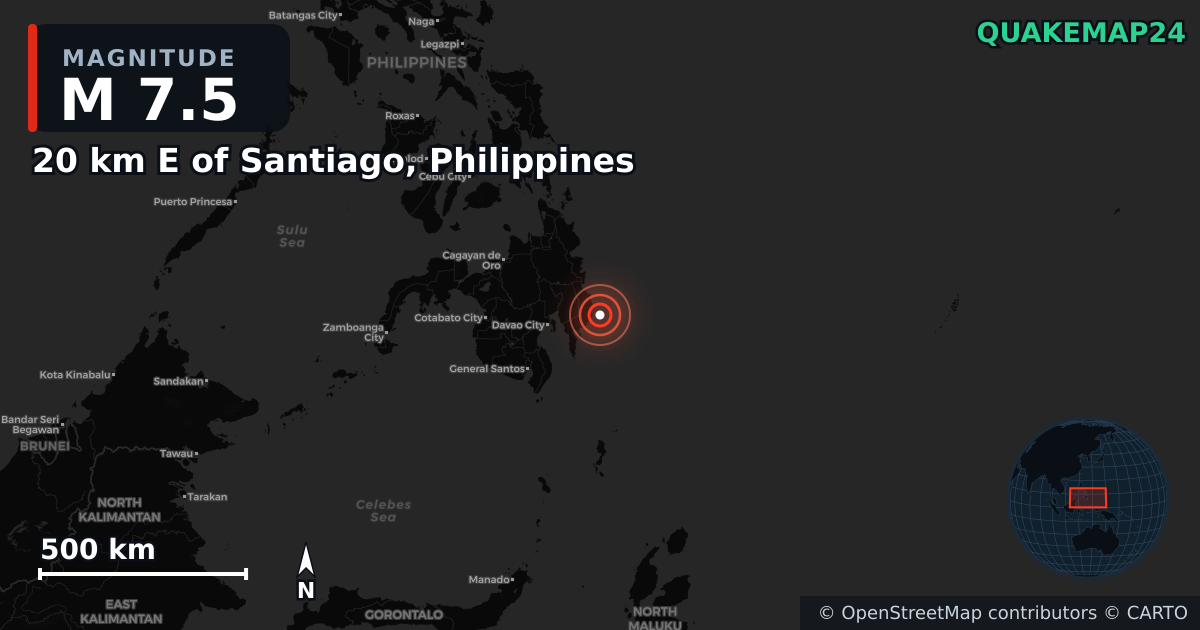 M7.5 earthquake near 20 km E of Santiago, Philippines on Oct 10, 2025 — map of epicenter and shaking intensity | QuakeMap24
