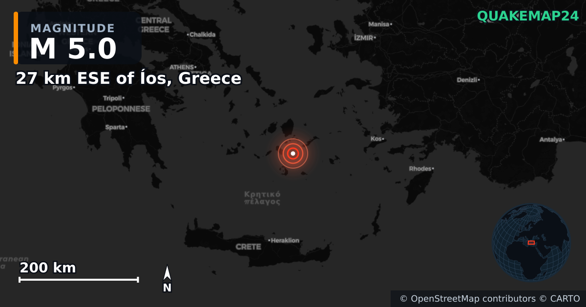 27 km ESE of Íos, Greece yakınında M5,0 deprem — Deprem merkez üssünün konumunu gösteren harita
