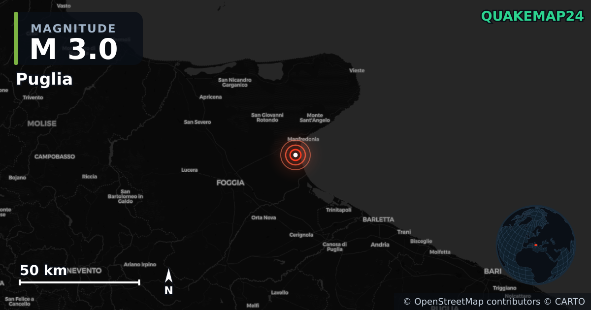 M3.0 earthquake near Puglia on Sep 4, 2025 — map of epicenter and shaking intensity | QuakeMap24