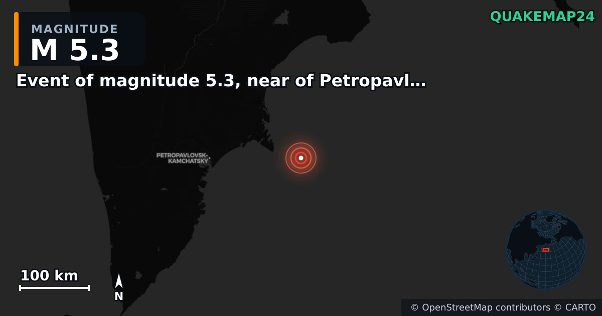 M5.3 earthquake near Event of magnitude 5.3, near of Petropavlovsk Kamchatskiy (Monde) on Jan 10, 2026 — map of epicenter and shaking intensity | QuakeMap24