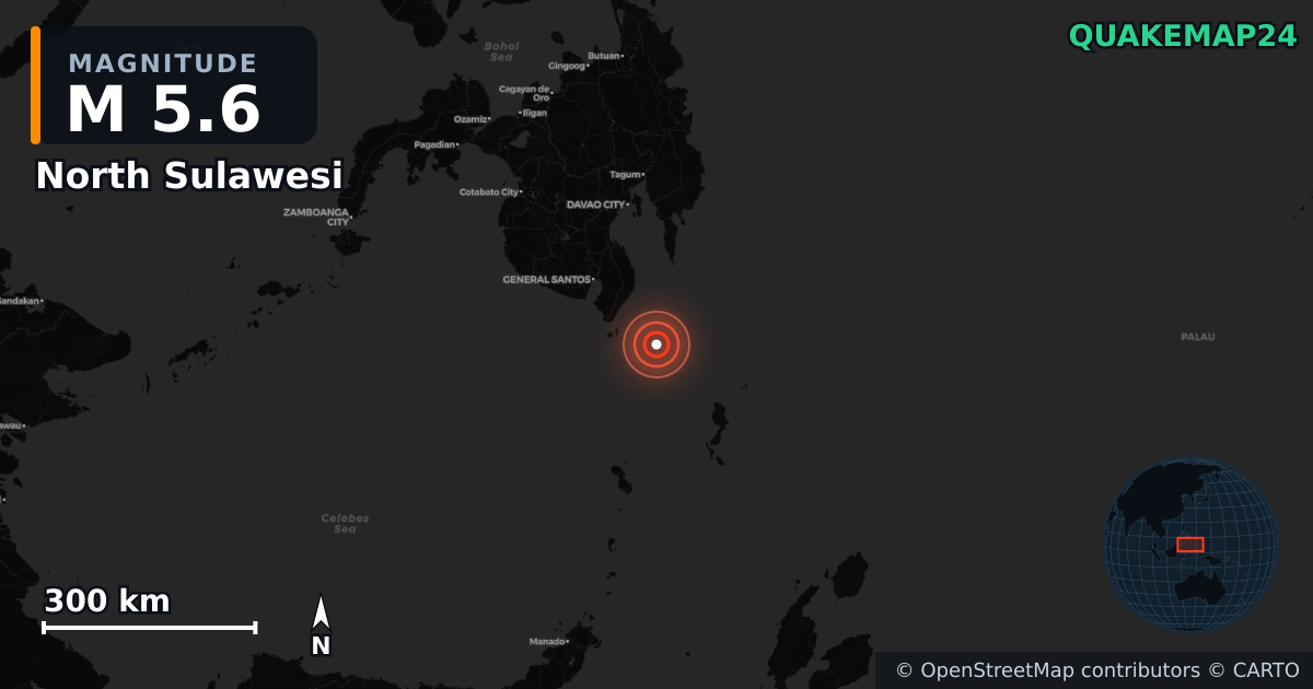 M5.6 earthquake near North Sulawesi on Jun 27, 2025 — map of epicenter and shaking intensity | QuakeMap24