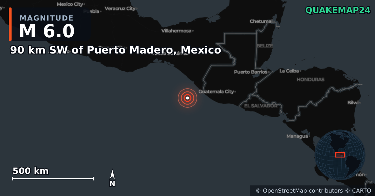 Σεισμός M6,0 κοντά στο 90 km SW of Puerto Madero, Mexico · 2026-07-17 — Χάρτης της θέσης του επικέντρου