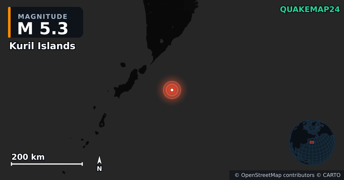 M5.3 earthquake near Kuril Islands on Jun 7, 2026 — map of epicenter and shaking intensity | QuakeMap24
