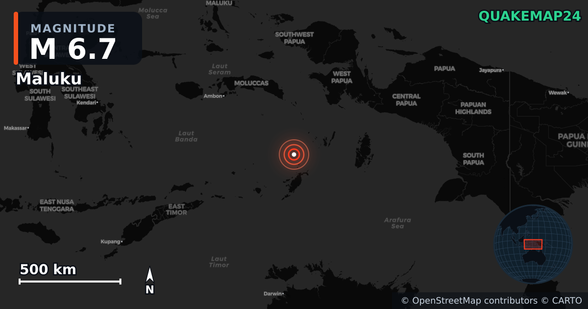 M6.7 earthquake near Maluku on Jul 14, 2025 — map of epicenter and shaking intensity | QuakeMap24