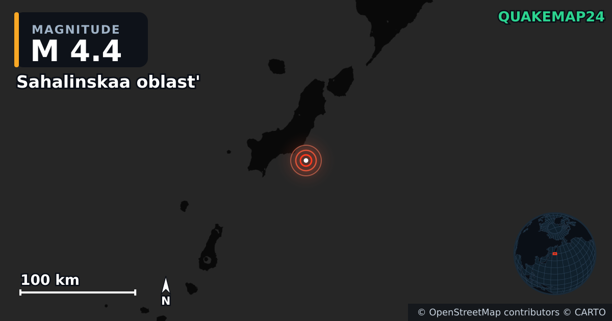 M4.4 earthquake near Sahalinskaa oblast' on Aug 24, 2025 — map of epicenter and shaking intensity | QuakeMap24