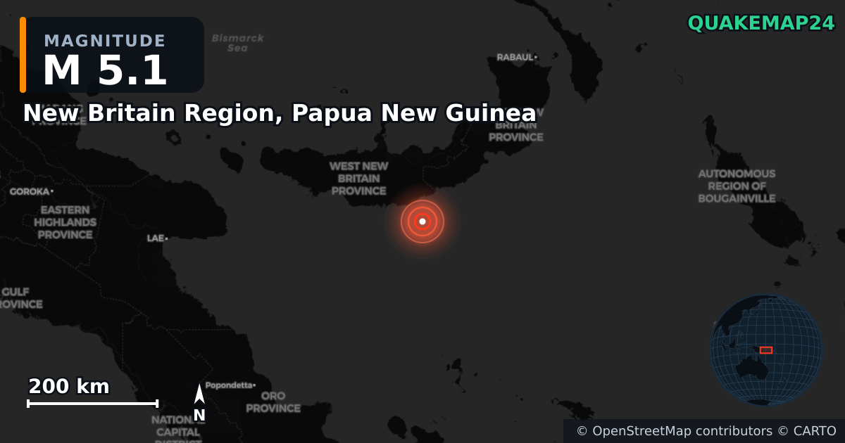 M5.1 earthquake near New Britain Region, Papua New Guinea on May 1, 2025 — map of epicenter and shaking intensity | QuakeMap24