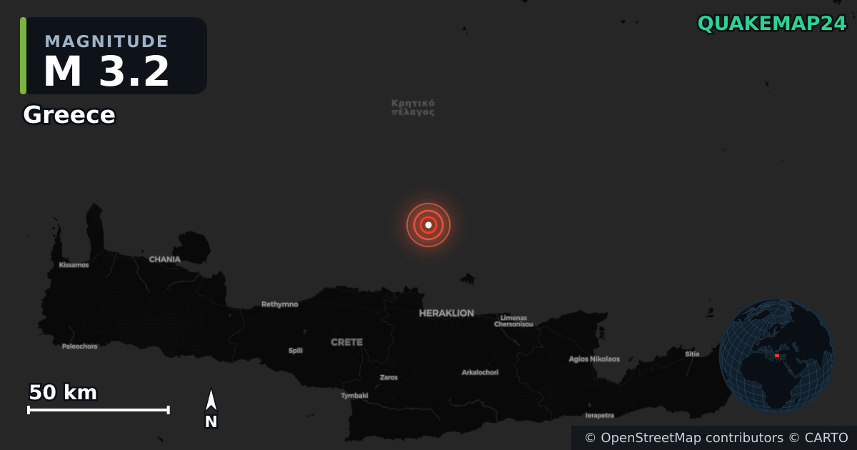 M3.2 earthquake near Greece on Jul 29, 2026 — map of epicenter and shaking intensity | QuakeMap24