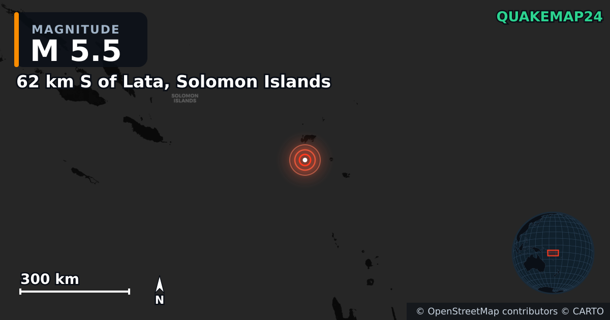 M5.5 earthquake near 62 km S of Lata, Solomon Islands on Jan 20, 2025 — map of epicenter and shaking intensity | QuakeMap24