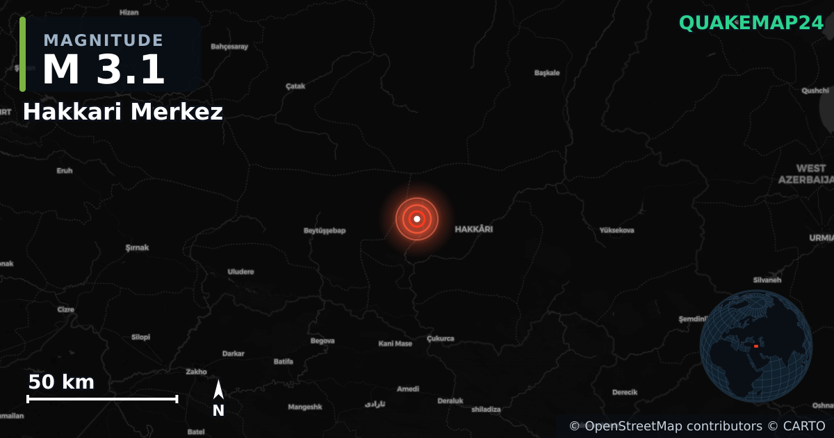 M3.1 earthquake near Hakkari Merkez on Oct 9, 2025 — map of epicenter and shaking intensity | QuakeMap24