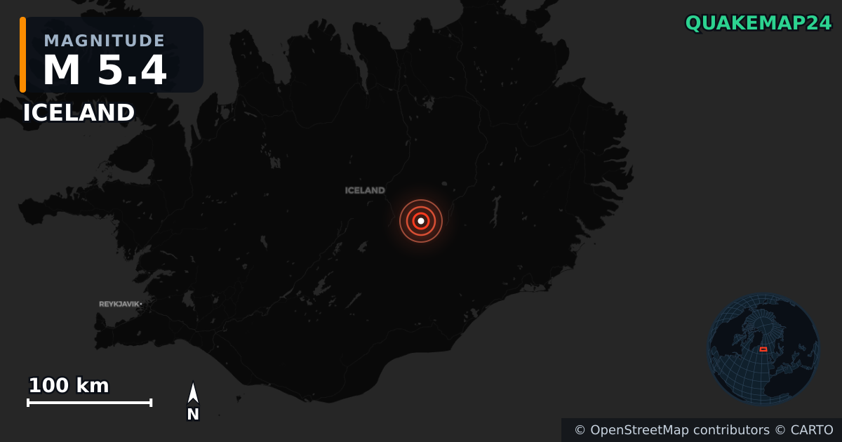 M5.4 earthquake near ICELAND on Oct 29, 2025 — map of epicenter and shaking intensity | QuakeMap24