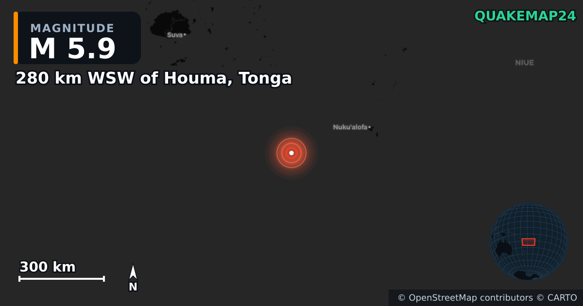 M5.9 earthquake near 280 km WSW of Houma, Tonga on Jun 6, 2025 — map of epicenter and shaking intensity | QuakeMap24