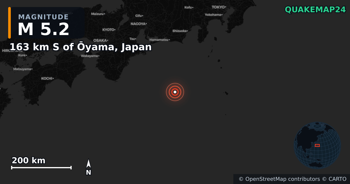 M5.2 earthquake near 163 km S of Ōyama, Japan on Dec 23, 2025 — map of epicenter and shaking intensity | QuakeMap24