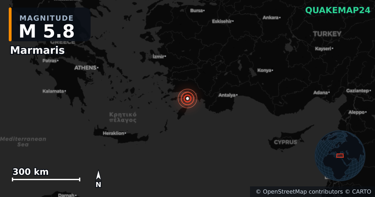 M5.8 earthquake near Marmaris on Jun 2, 2025 — map of epicenter and shaking intensity | QuakeMap24