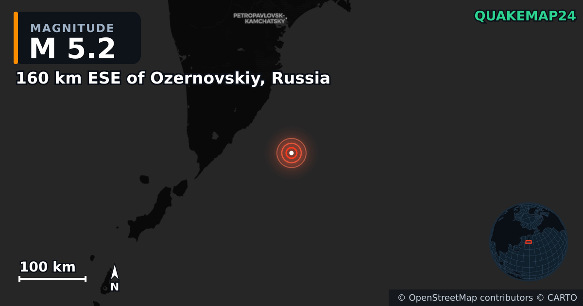 M5.2 earthquake near 160 km ESE of Ozernovskiy, Russia on Sep 13, 2025 — map of epicenter and shaking intensity | QuakeMap24