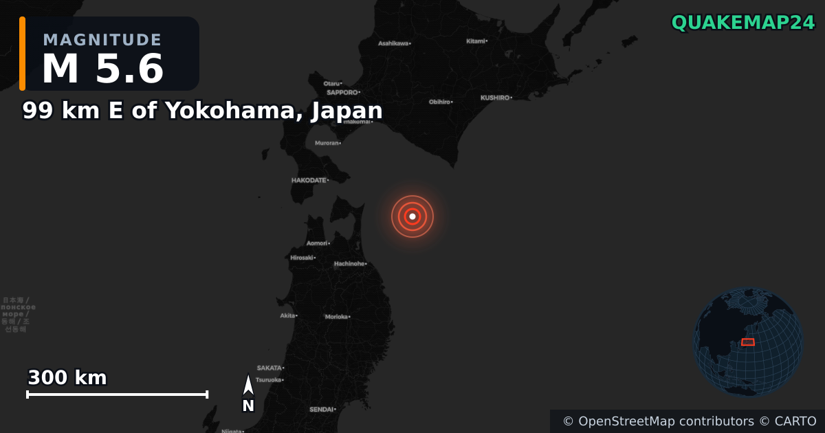 M5.6 earthquake near 99 km E of Yokohama, Japan on Dec 25, 2025 — map of epicenter and shaking intensity | QuakeMap24