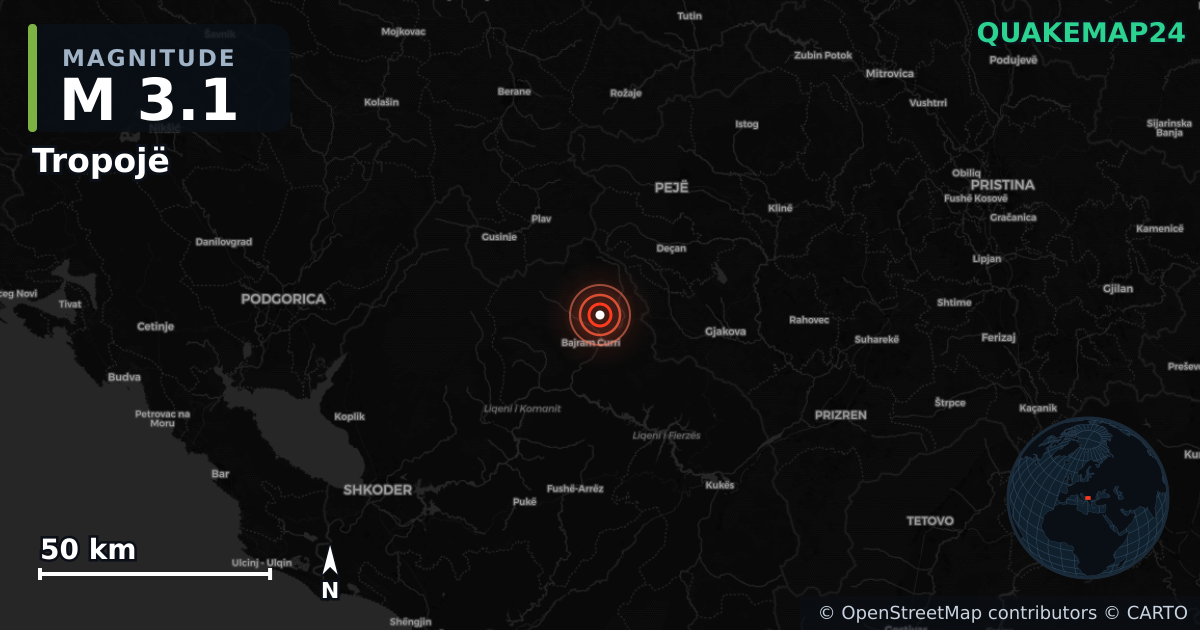 M3.1 earthquake near Tropojë on Jul 8, 2025 — map of epicenter and shaking intensity | QuakeMap24
