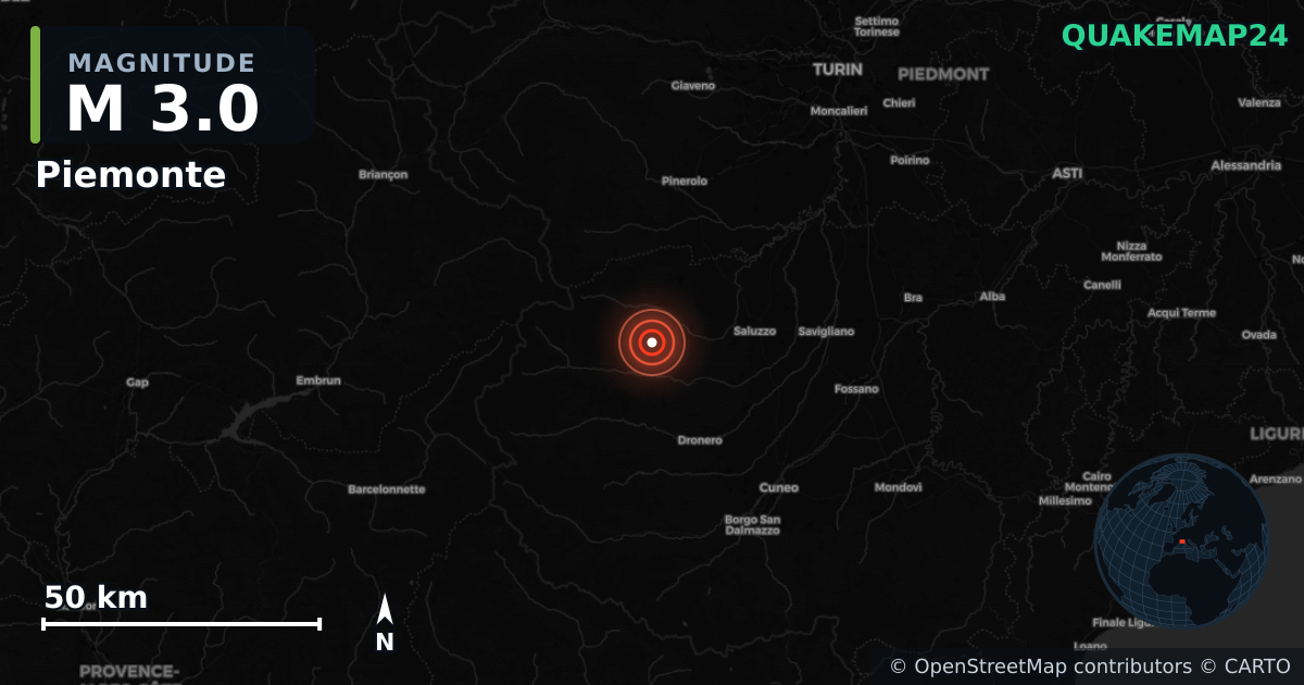 M3.0 earthquake near Piemonte on Oct 14, 2025 — map of epicenter and shaking intensity | QuakeMap24