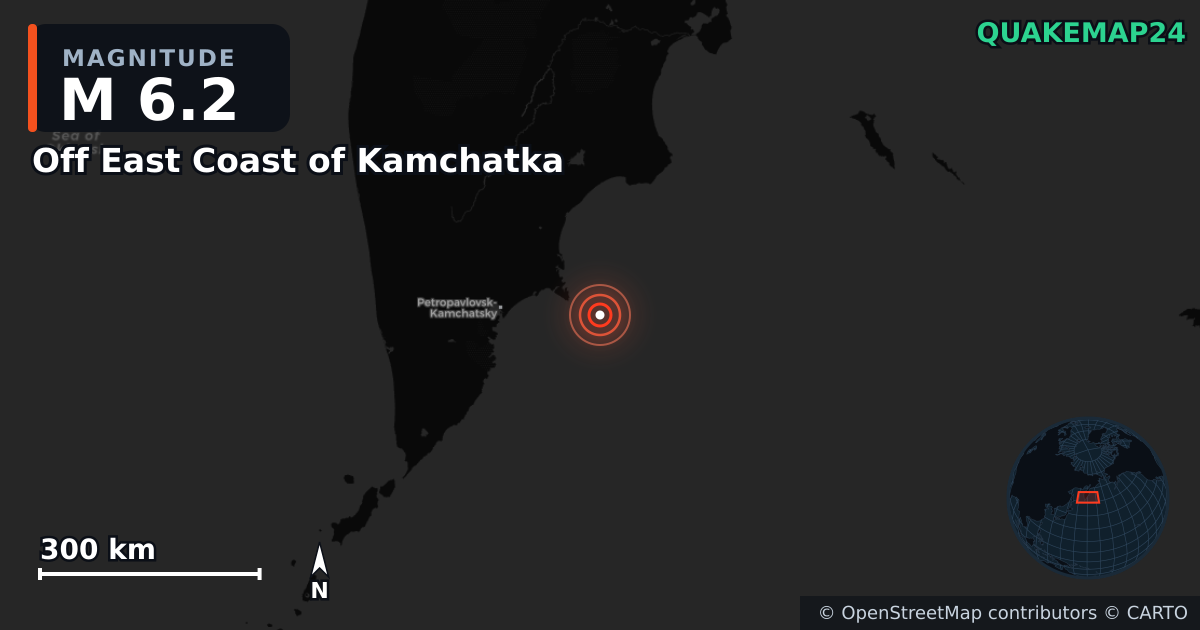 M6.2 earthquake near Off East Coast of Kamchatka on Jul 20, 2025 — map of epicenter and shaking intensity | QuakeMap24