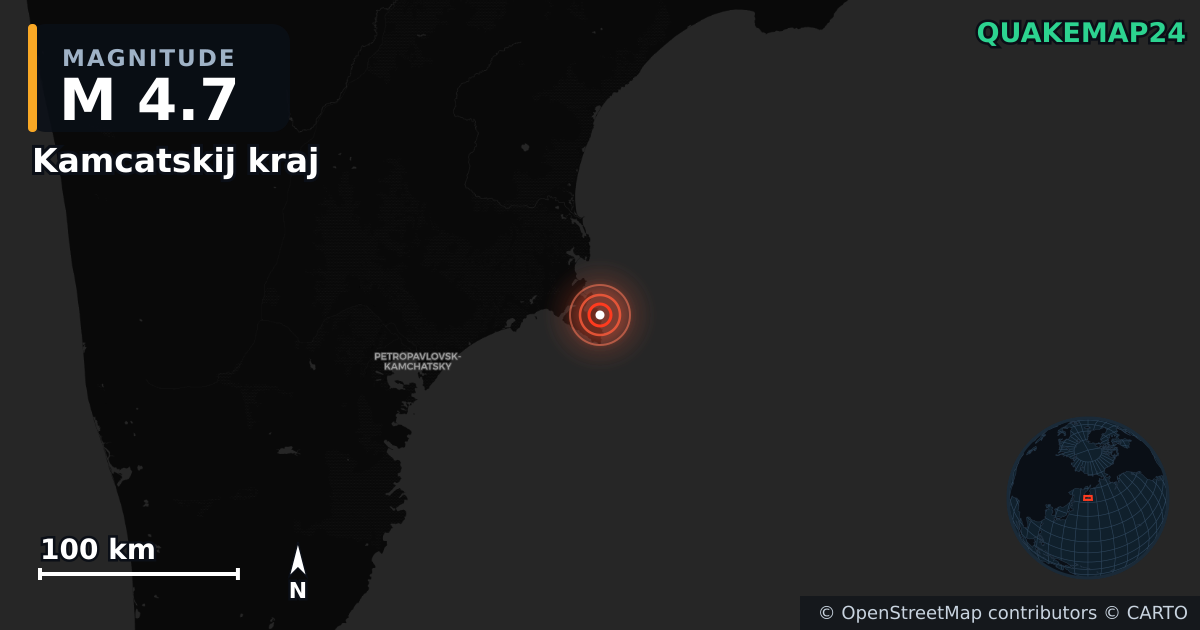 M4.7 earthquake near Kamcatskij kraj on Sep 19, 2025 — map of epicenter and shaking intensity | QuakeMap24