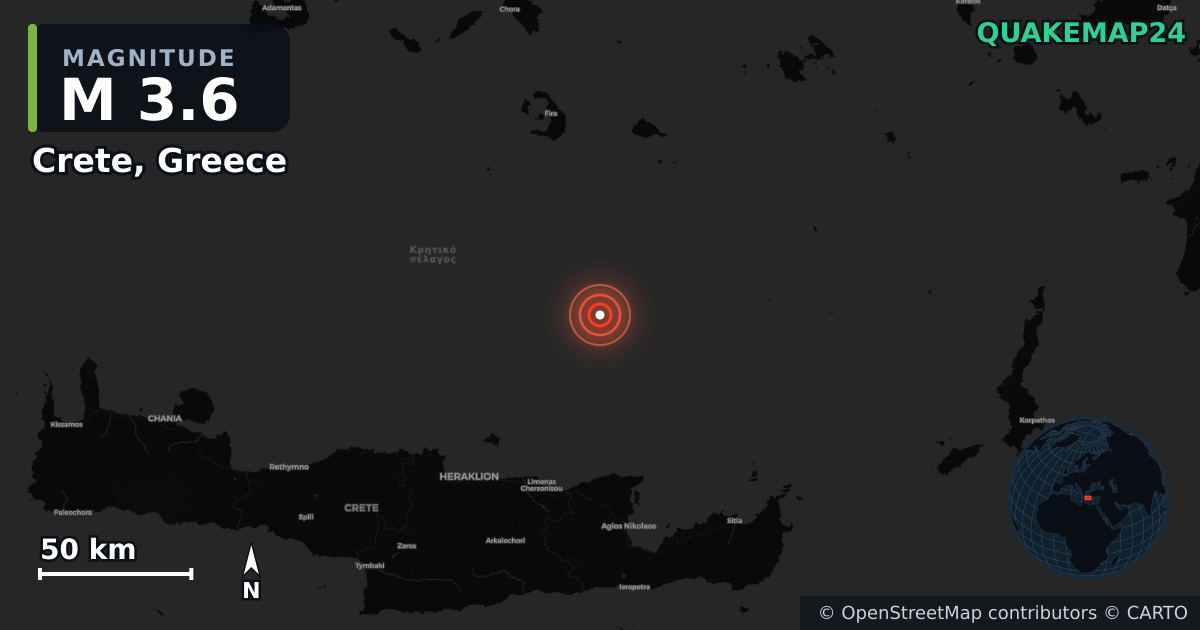 M3.6 earthquake near Crete, Greece on Oct 13, 2025 — map of epicenter and shaking intensity | QuakeMap24