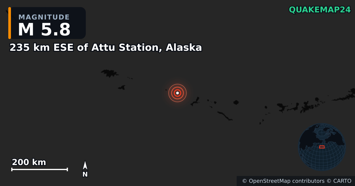 M5.8 earthquake near 235 km ESE of Attu Station, Alaska on May 6, 2026 — map of epicenter and shaking intensity | QuakeMap24