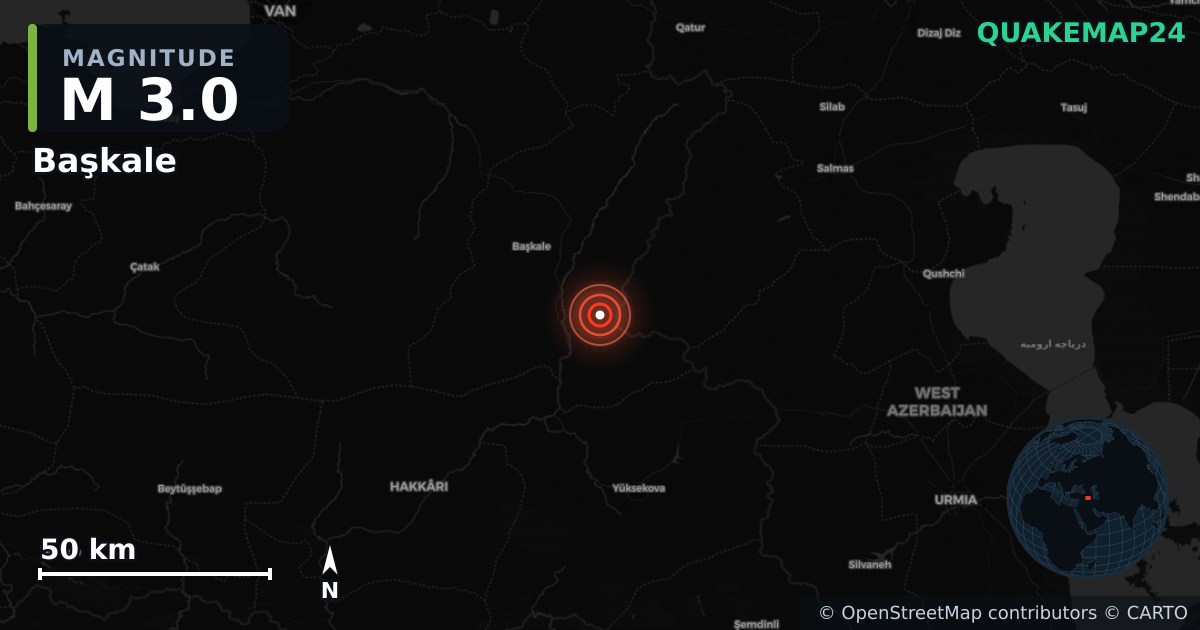 M3.0 earthquake near Başkale on Jun 25, 2025 — map of epicenter and shaking intensity | QuakeMap24