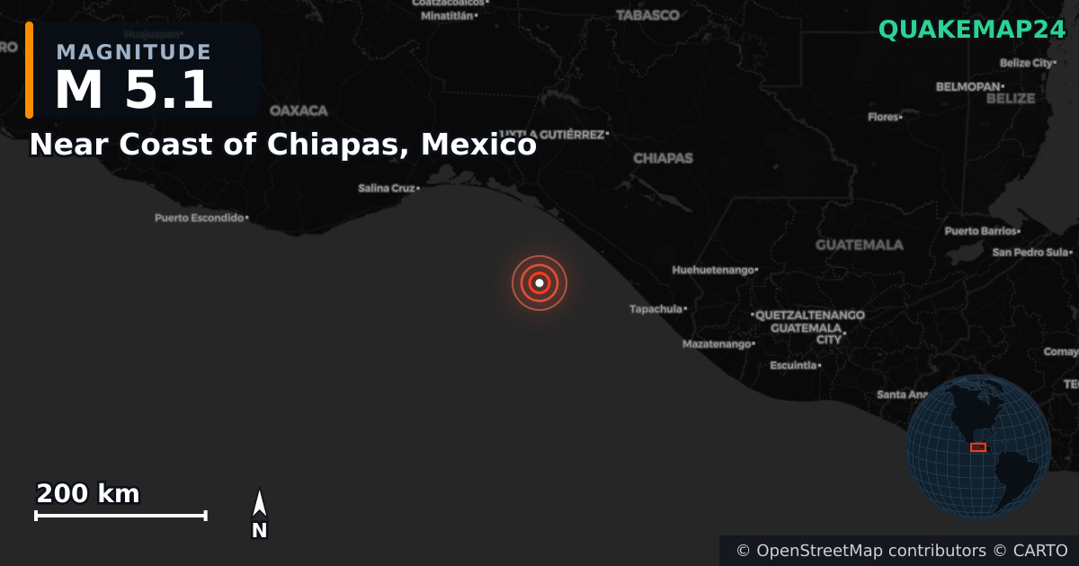 M5.1 earthquake near Near Coast of Chiapas, Mexico on May 1, 2025 — map of epicenter and shaking intensity | QuakeMap24