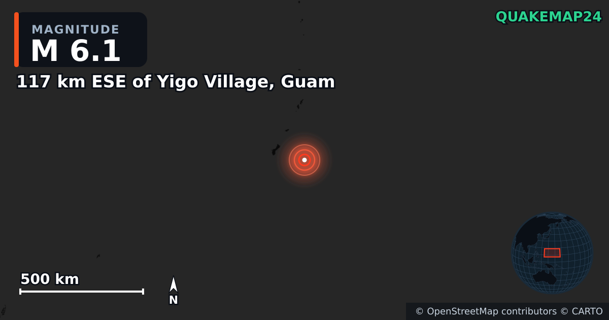 M6.1 earthquake near 117 km ESE of Yigo Village, Guam on Aug 10, 2025 — map of epicenter and shaking intensity | QuakeMap24