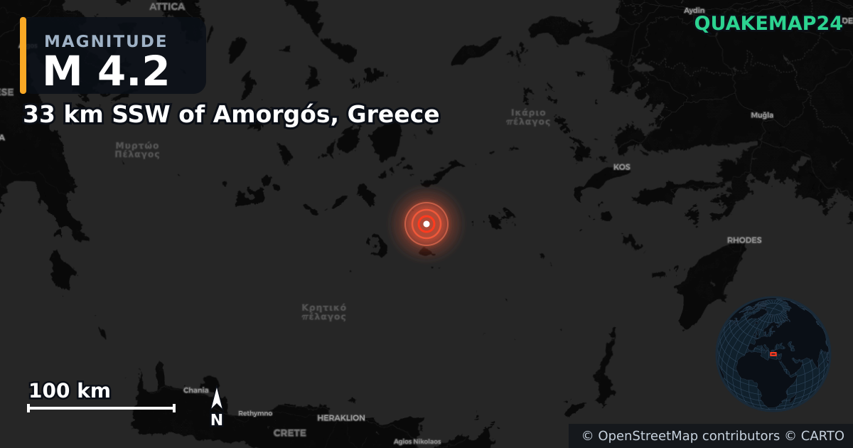 M4.2 earthquake near 33 km SSW of Amorgós, Greece on Feb 11, 2025 — map of epicenter and shaking intensity | QuakeMap24