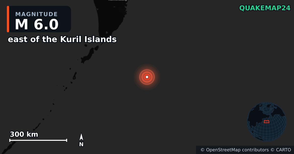 east of the Kuril Islands yakınında M6,0 deprem — Deprem merkez üssünün konumunu gösteren harita