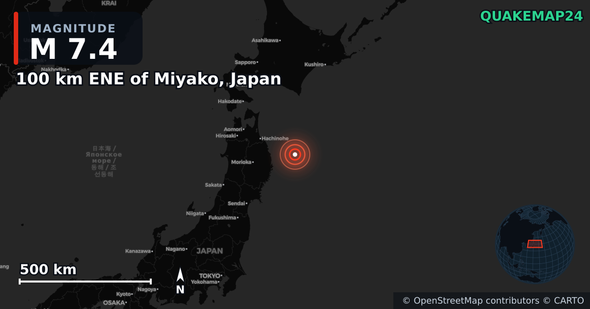 M7.4 earthquake near 100 km ENE of Miyako, Japan on Apr 20, 2026 — map of epicenter and shaking intensity | QuakeMap24