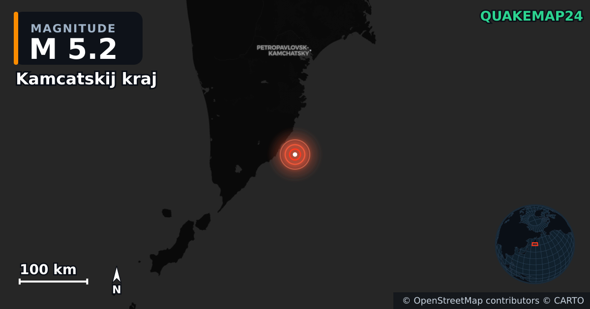 M5.2 earthquake near Kamcatskij kraj on Aug 9, 2025 — map of epicenter and shaking intensity | QuakeMap24