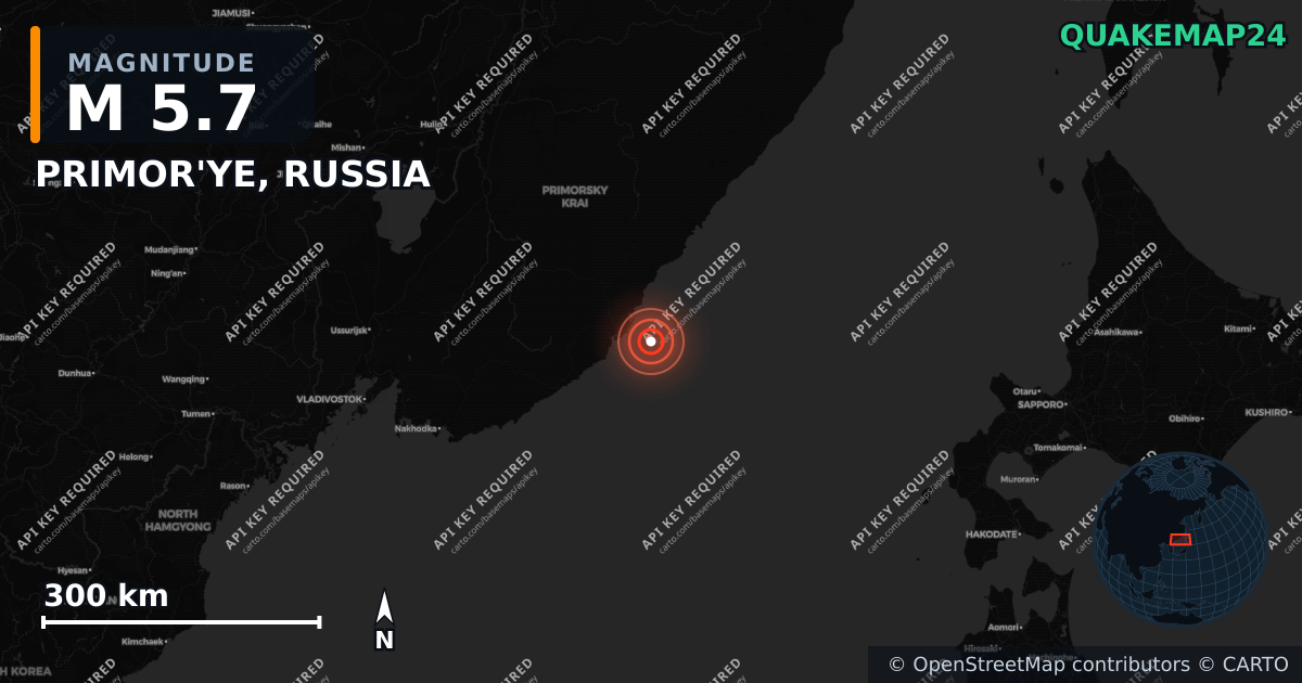 M5.7 earthquake near PRIMOR'YE, RUSSIA on Jun 10, 2026 — map of epicenter and shaking intensity | QuakeMap24