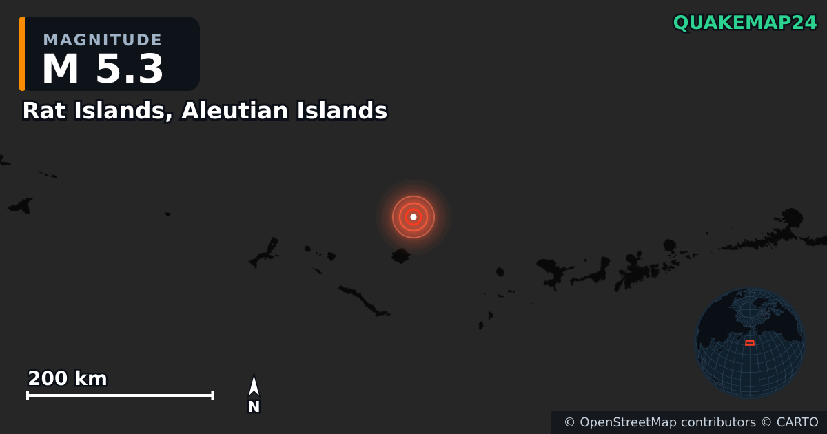M5.3 earthquake near Rat Islands, Aleutian Islands on Aug 28, 2025 — map of epicenter and shaking intensity | QuakeMap24
