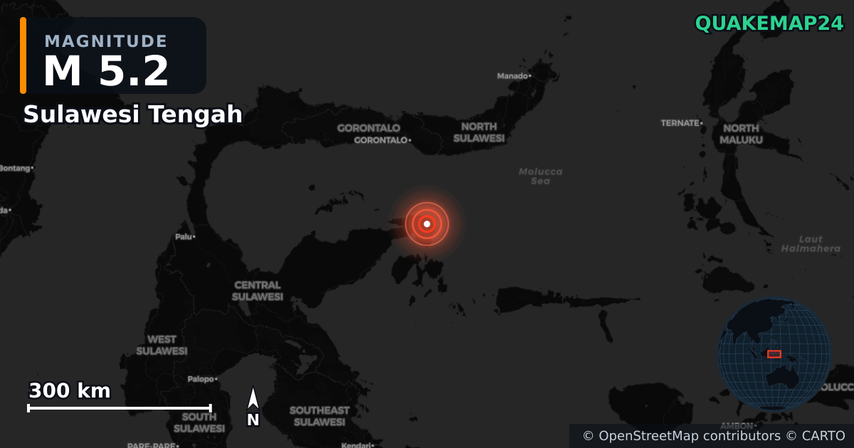 M5.2 earthquake near Sulawesi Tengah on Jul 19, 2025 — map of epicenter and shaking intensity | QuakeMap24