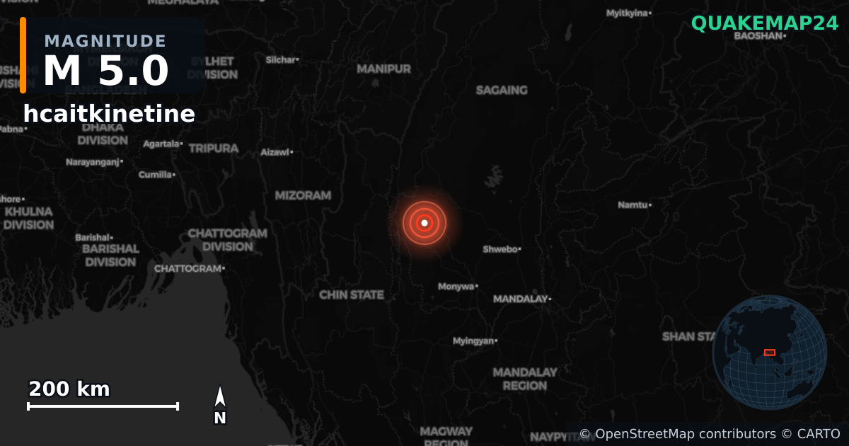 M5.0 earthquake near hcaitkinetine on Dec 1, 2025 — map of epicenter and shaking intensity | QuakeMap24