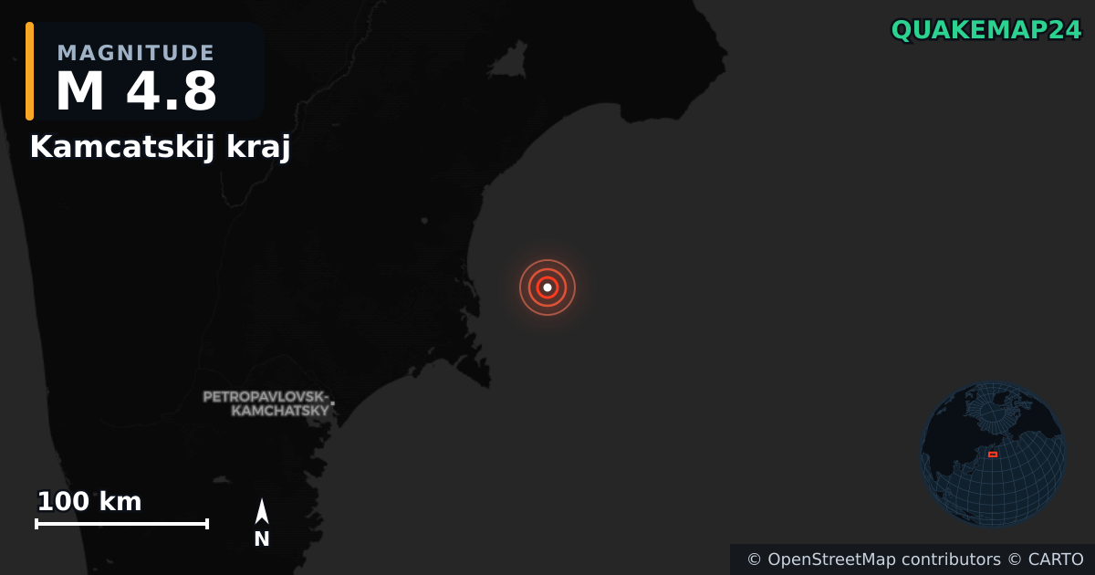 M4.8 earthquake near Kamcatskij kraj on Sep 29, 2025 — map of epicenter and shaking intensity | QuakeMap24