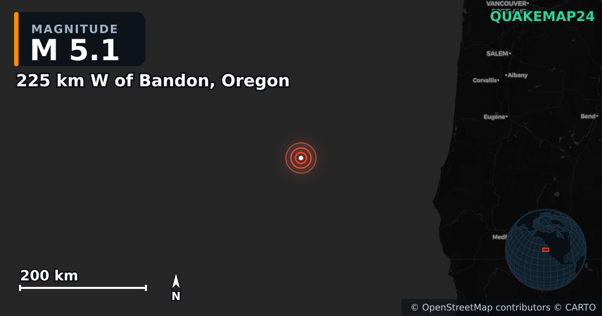 M5.1 earthquake near 225 km W of Bandon, Oregon on Sep 27, 2025 — map of epicenter and shaking intensity | QuakeMap24