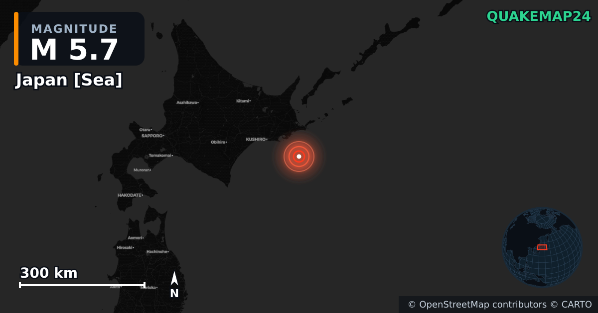 M5.7 earthquake near Japan [Sea] on Jan 14, 2026 — map of epicenter and shaking intensity | QuakeMap24