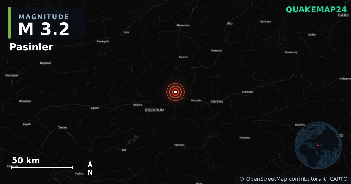 Sismo de M3,2 perto de Pasinler, Erzurum (Turquia) · 2026-06-01 — Mapa da localização do epicentro
