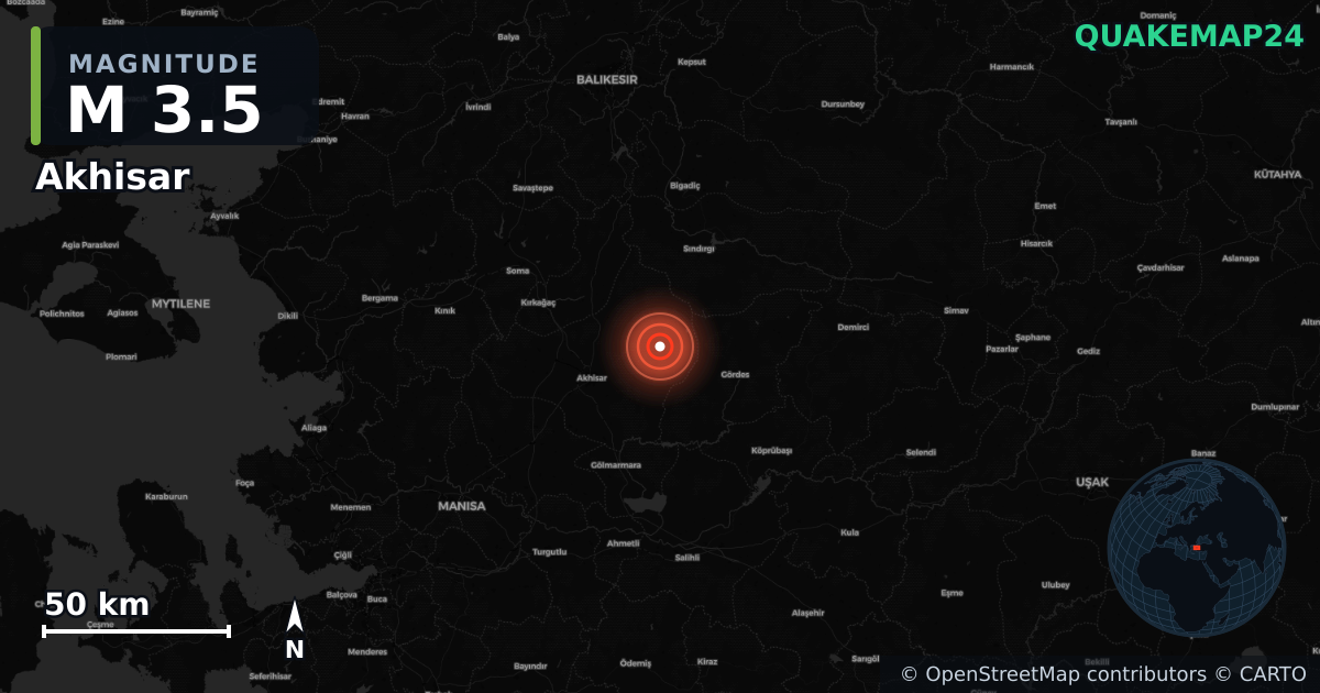 M3.5 earthquake near Akhisar on Aug 3, 2025 — map of epicenter and shaking intensity | QuakeMap24