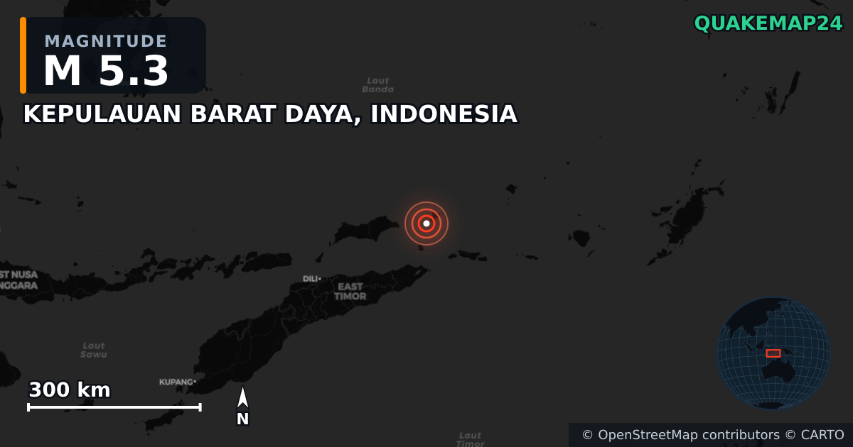 M5.3 earthquake near KEPULAUAN BARAT DAYA, INDONESIA on Jun 5, 2026 — map of epicenter and shaking intensity | QuakeMap24